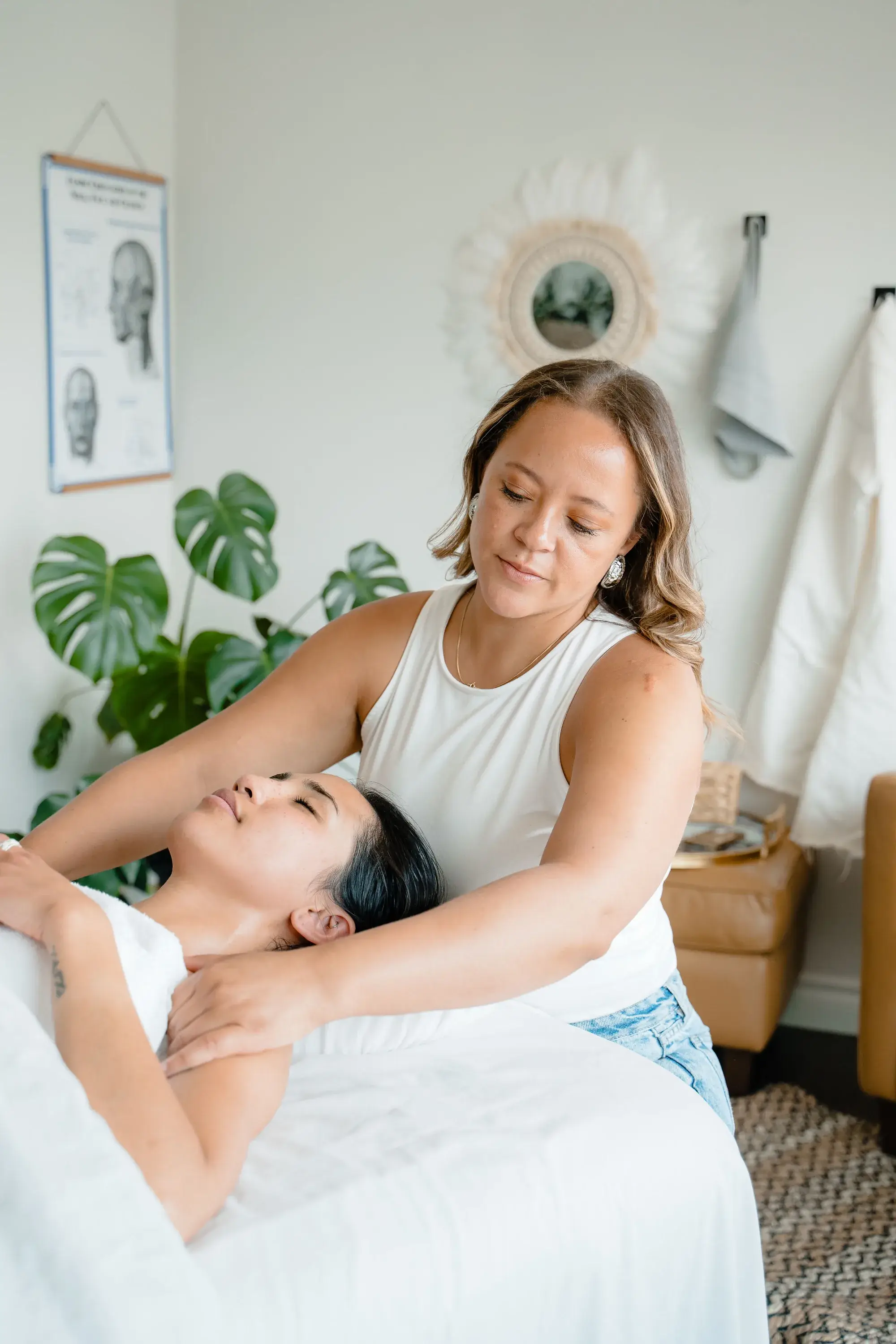 Gentle lymphatic drainage along the neck and collarbone